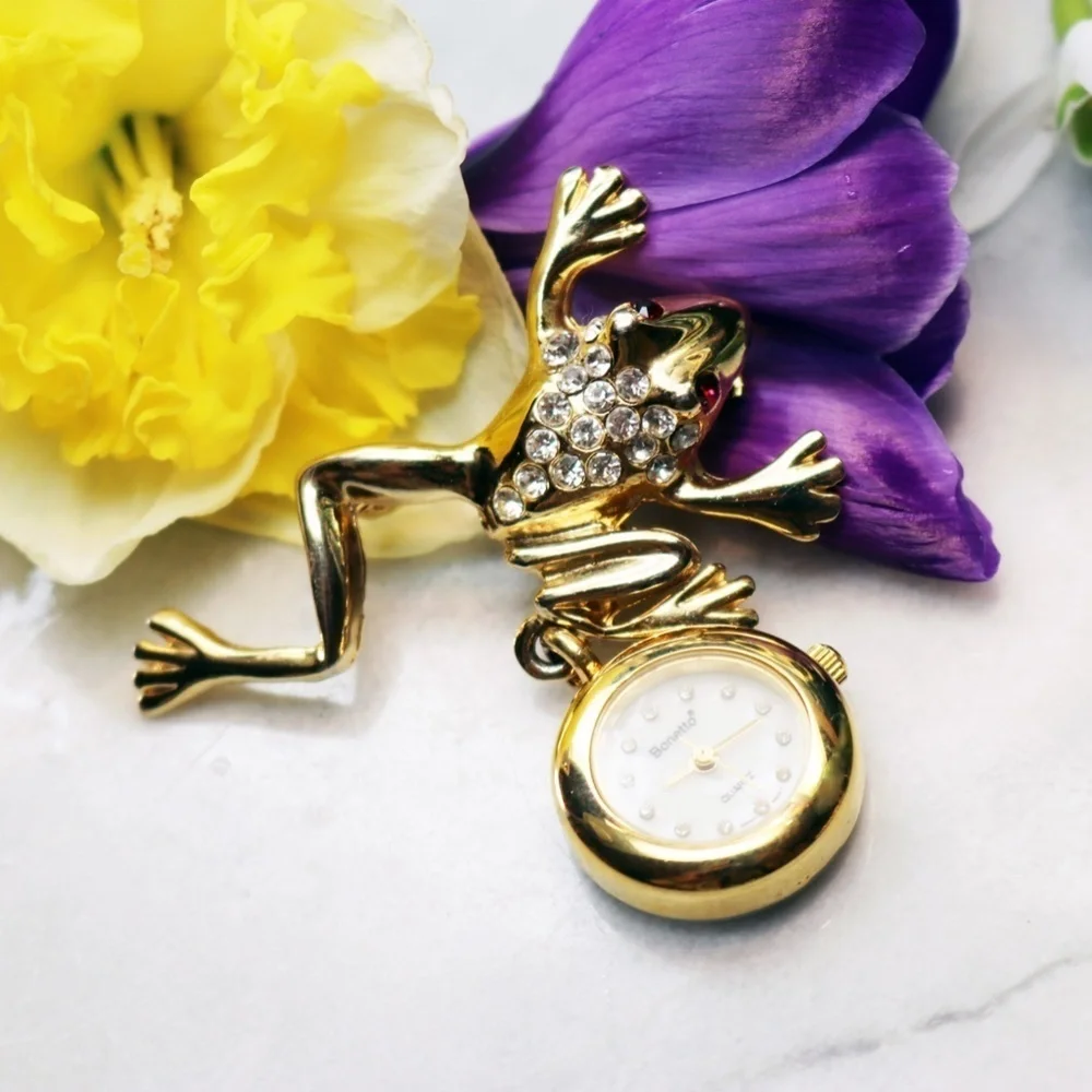 Vintage Bonetto Crystal Frog Watch Brooch